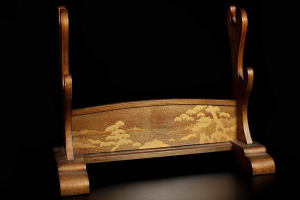 刀掛け 黒檀 2本掛け 骨董品 日本刀 販売品 刀掛 太刀掛 籬菊春景図金梨子地塗二本掛刀掛